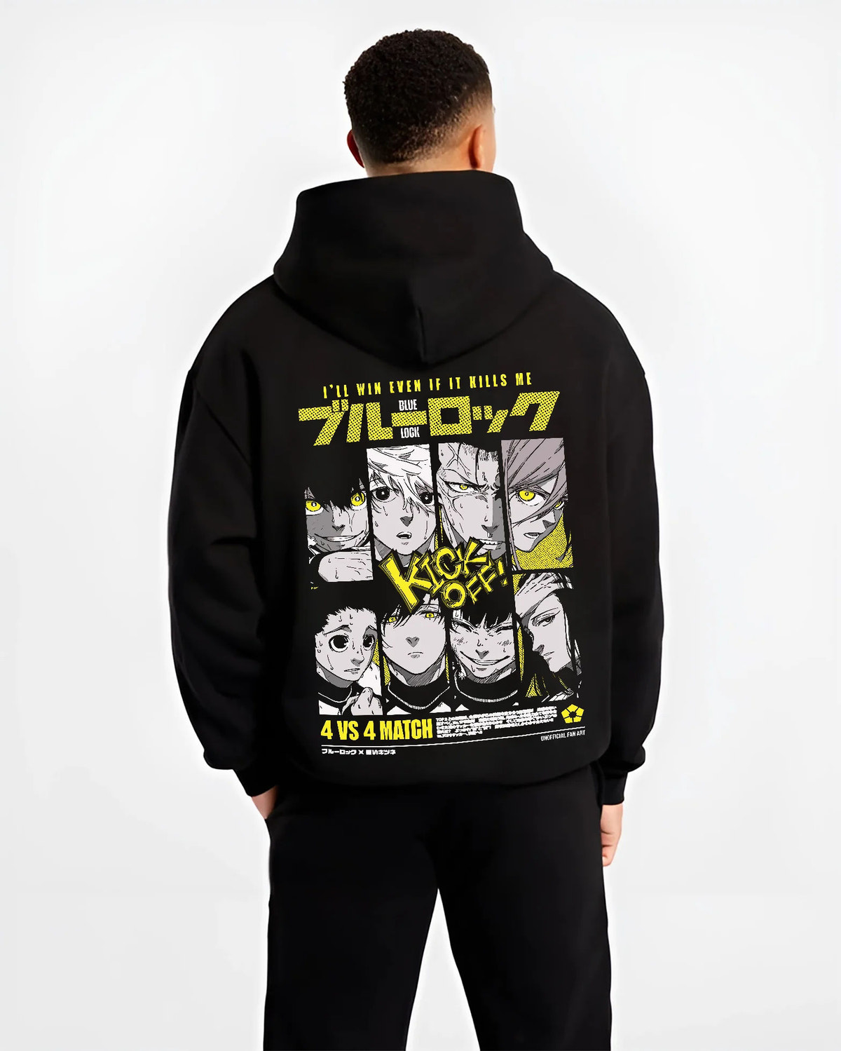 Black hoodie model back view showing Blue Lock: multiple football characters