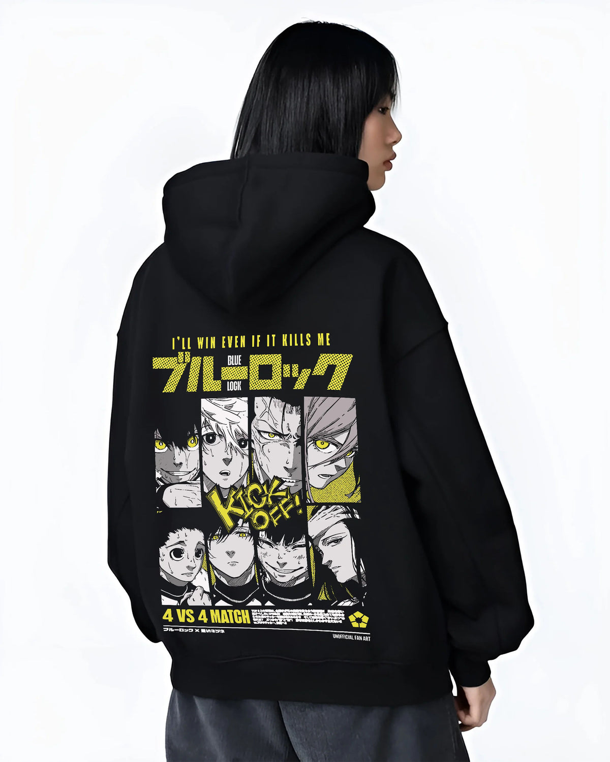 Black hoodie female model back view showing Blue Lock: multiple football characters