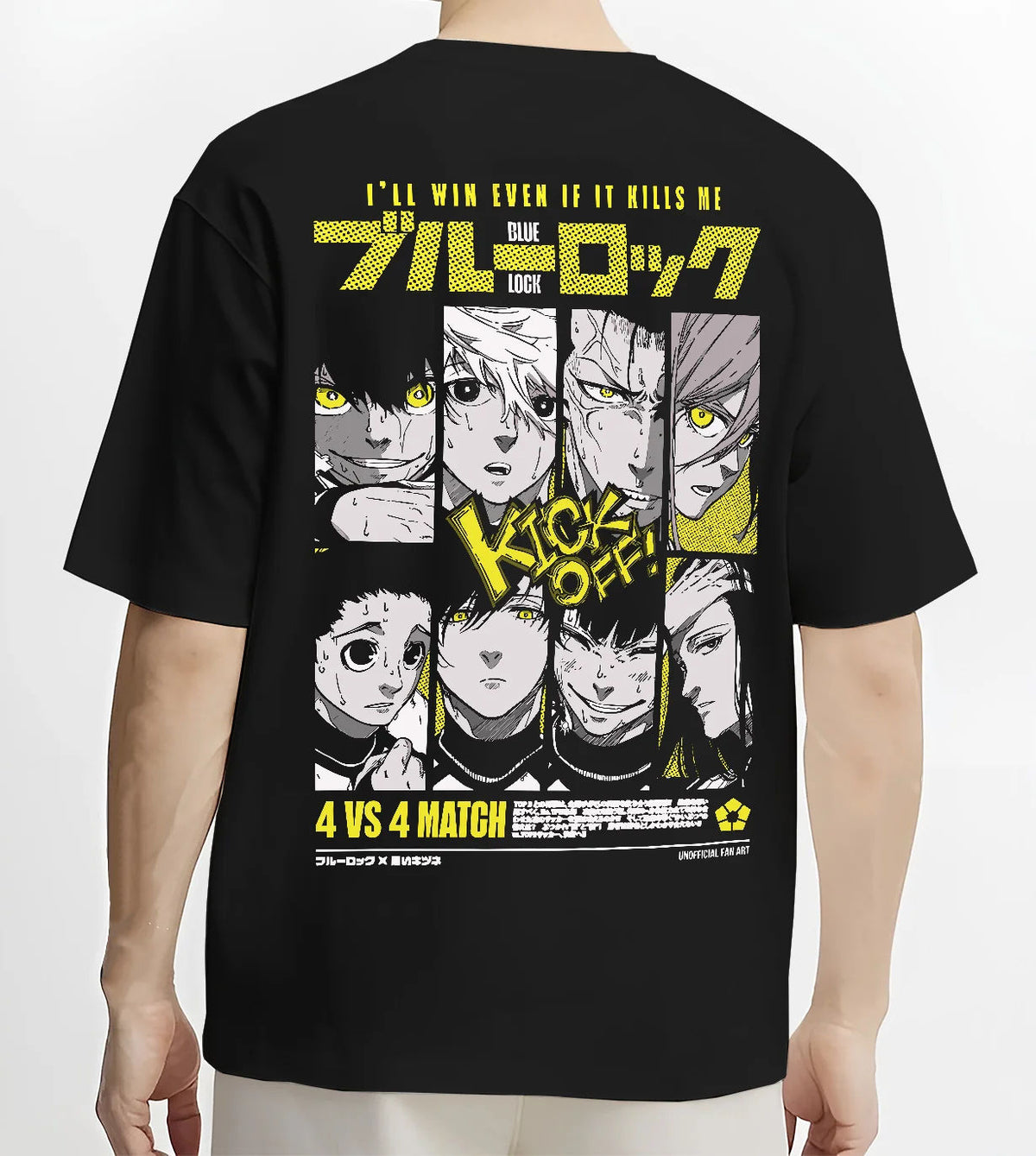 Black T-shirt model back view showing Blue Lock: multiple football characters