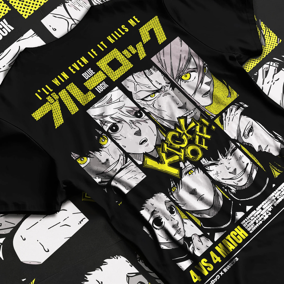 Black T-shirt flat back view showing Blue Lock: multiple football characters