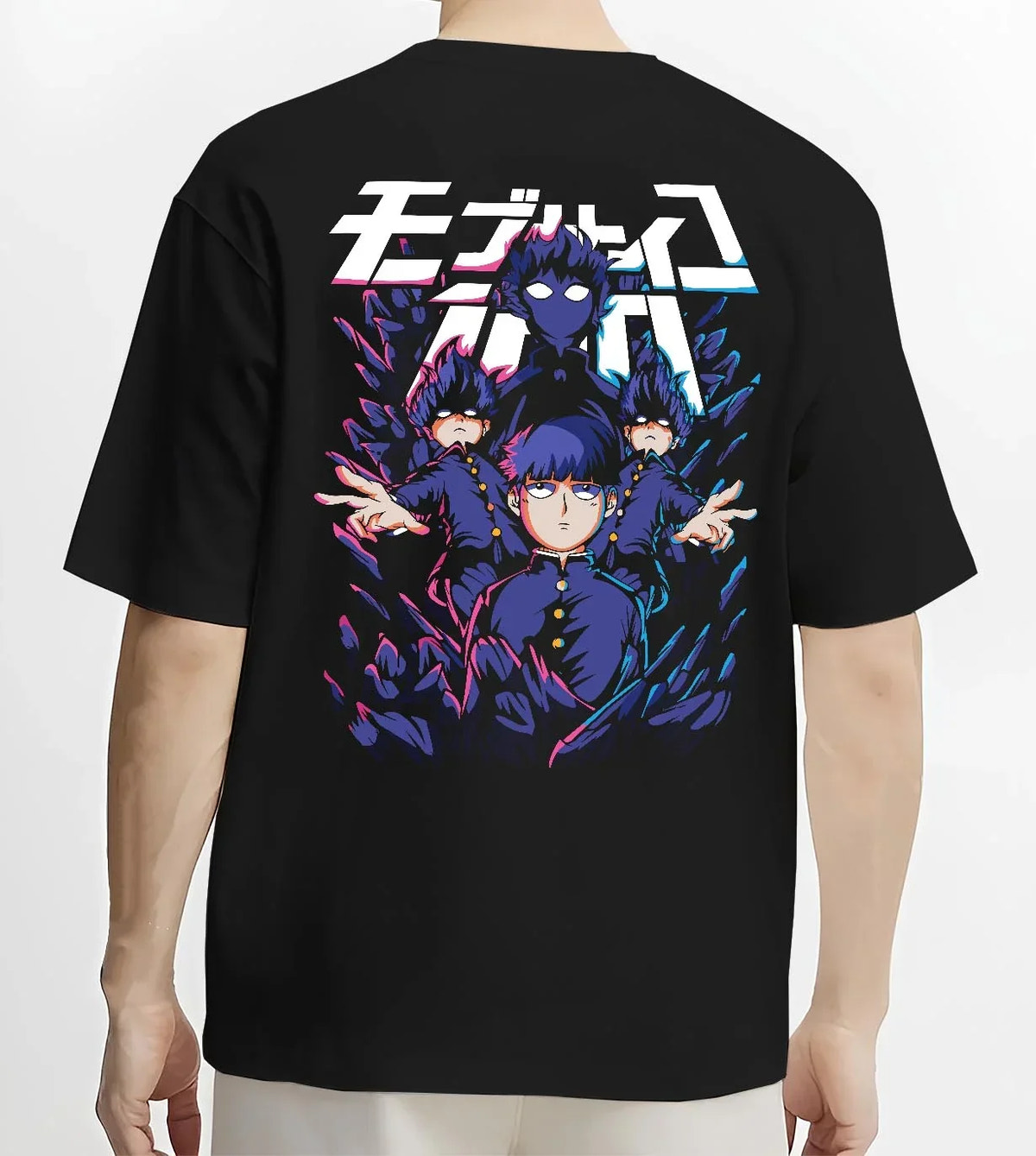 Black T-shirt worn by male model, back view with Mob Psycho 100 Hoodie Blue Spirit Energy Jumper graphic streetwear graphic.