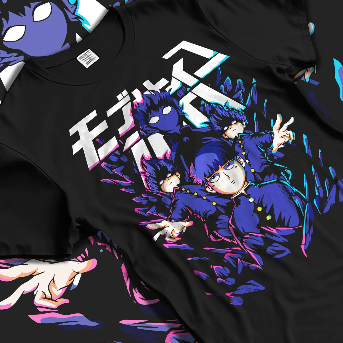 Black T-shirt laid flat with natural folds with Mob Psycho 100 Hoodie Blue Spirit Energy Jumper graphic bold anime graphic.