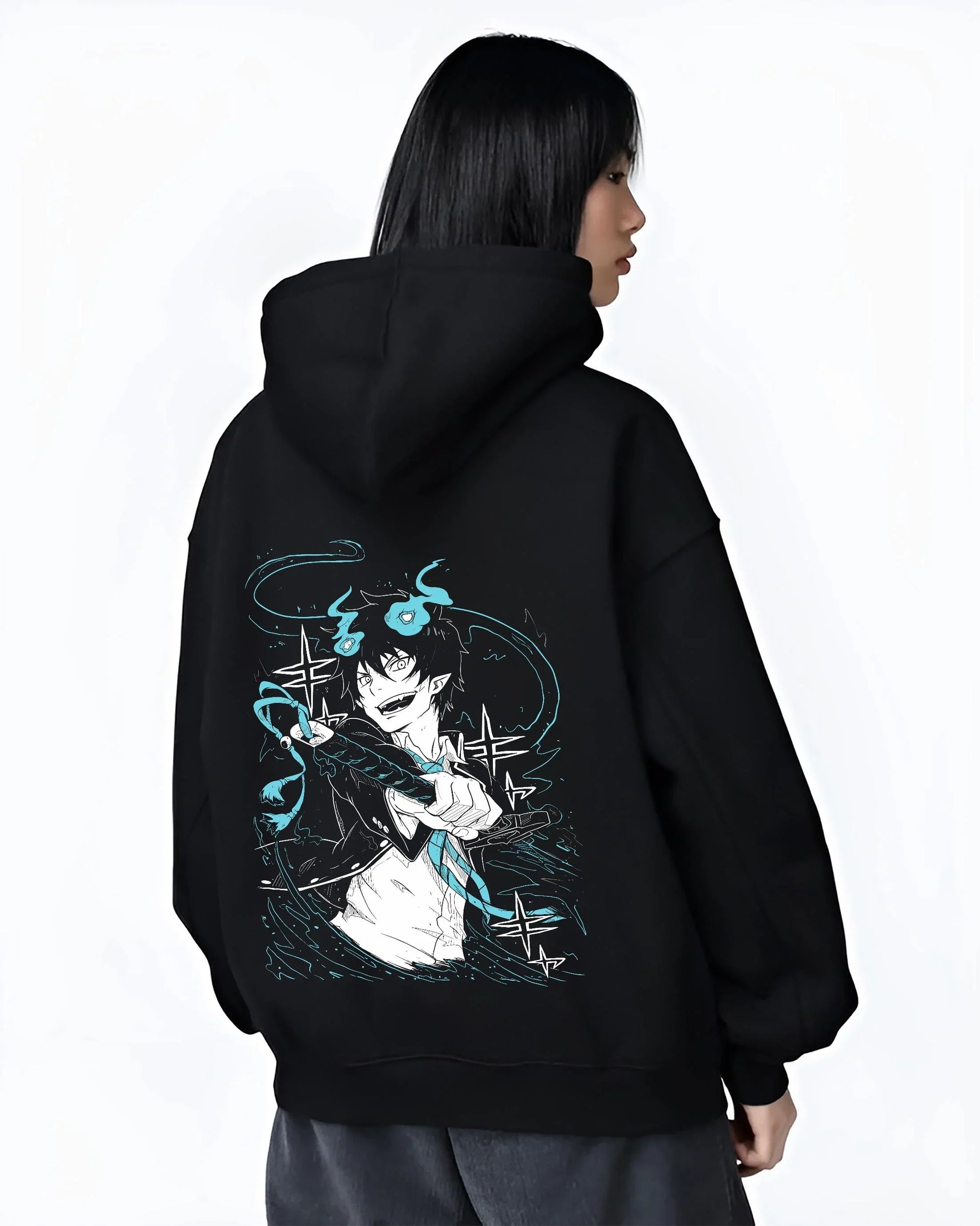 Black hoodie worn by female model, back view featuring Rin Okumura Blue Exorcist cyberpunk anime aesthetic with layered graphic elements and detailed illustration.