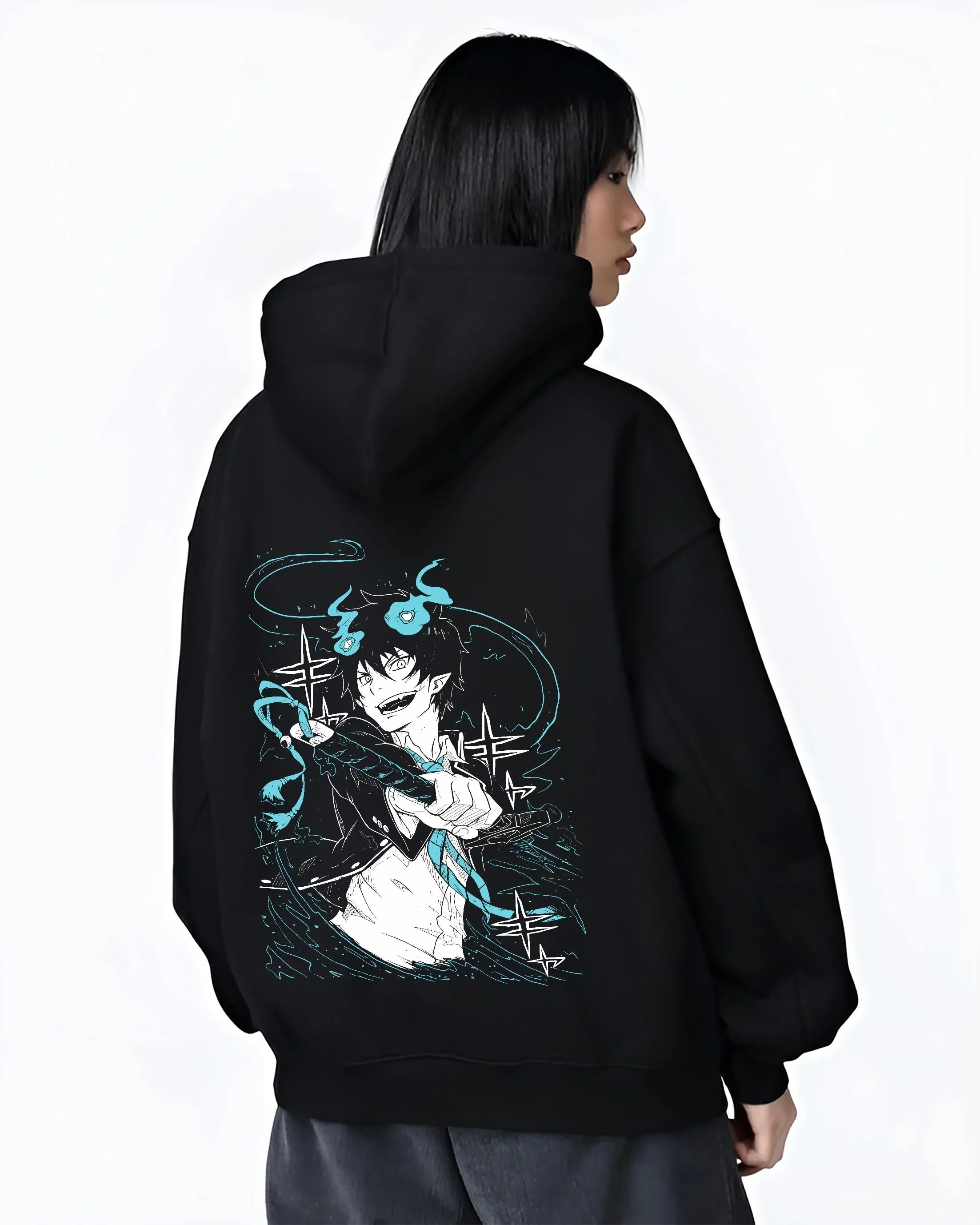 Black hoodie worn by female model, back view featuring Rin Okumura Blue Exorcist cyberpunk anime aesthetic with layered graphic elements and detailed illustration.