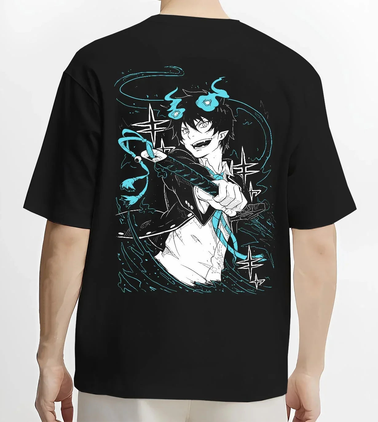 Black T-shirt worn by male model, back view featuring Rin Okumura Blue Exorcist retro manga graphic styled with flame-inspired motif and nostalgic 90s vibe.