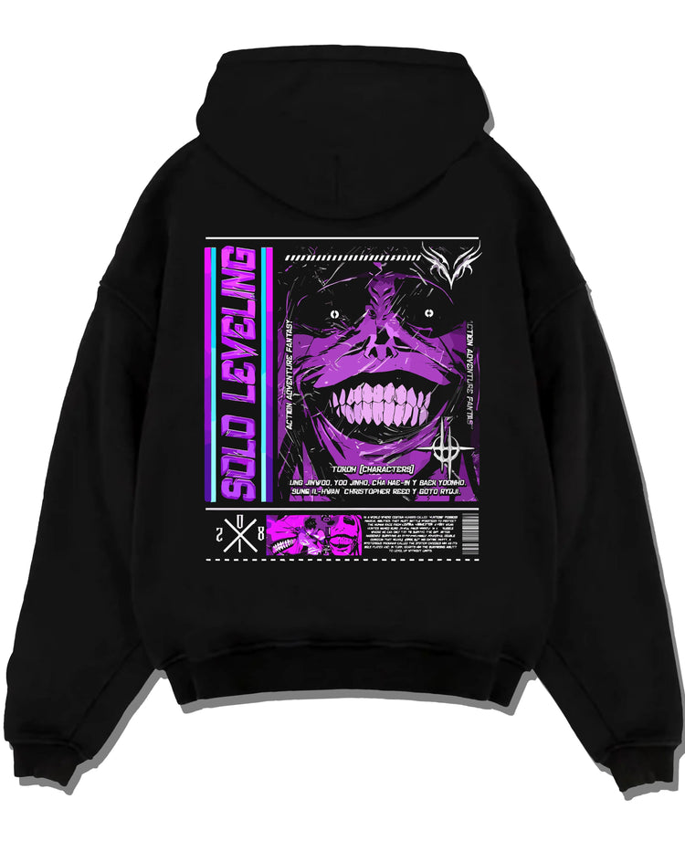 Black hoodie laid flat featuring Shadow Monarch Solo Leveling power artwork with bold anime graphic print.