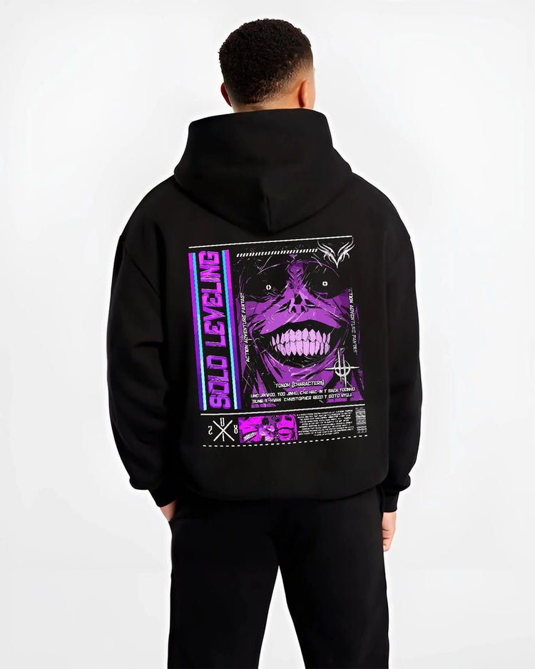 Black hoodie worn by male model from the back featuring Shadow Monarch Solo Leveling power artwork.