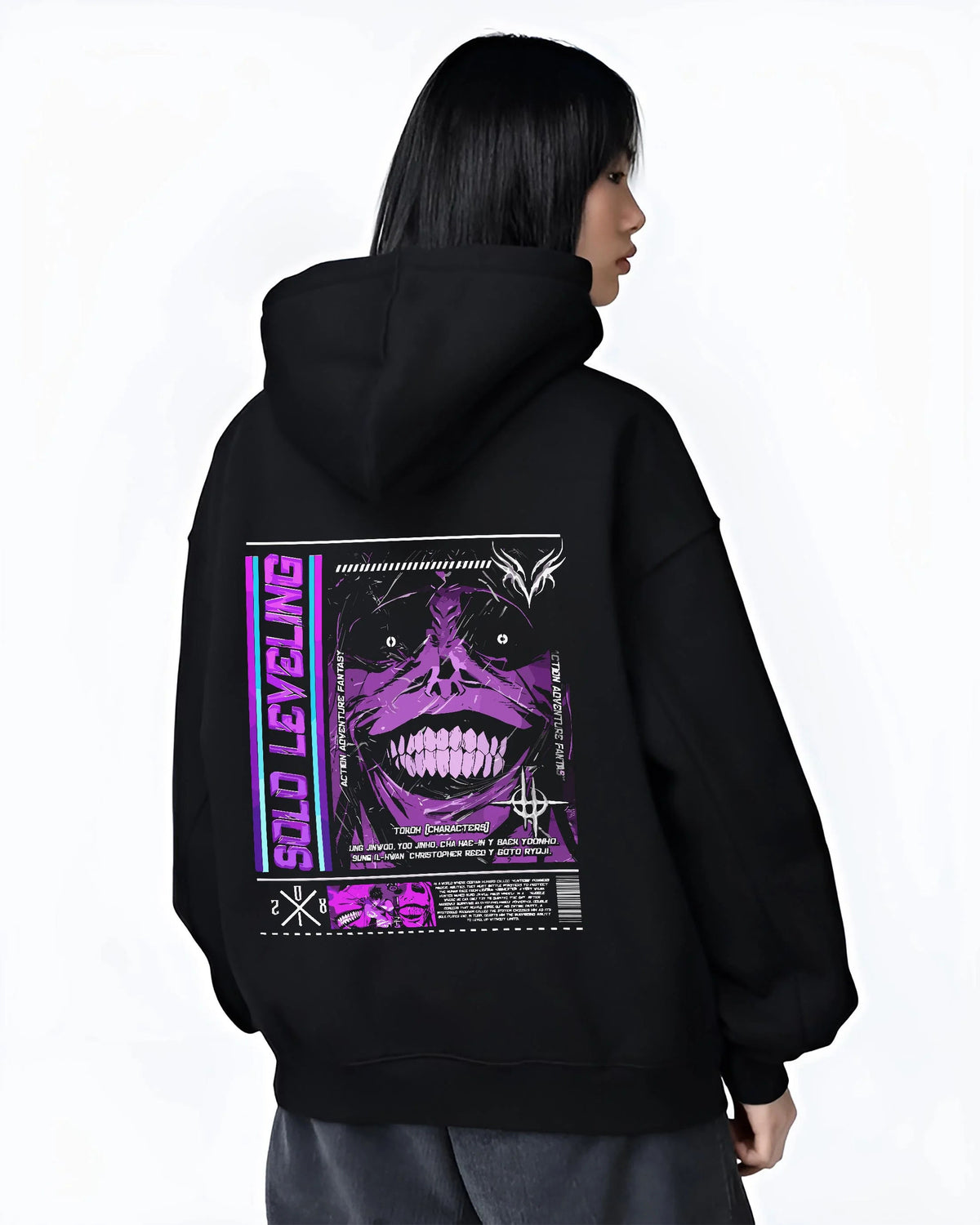 Black hoodie worn by female model from the back featuring Shadow Monarch Solo Leveling power artwork.