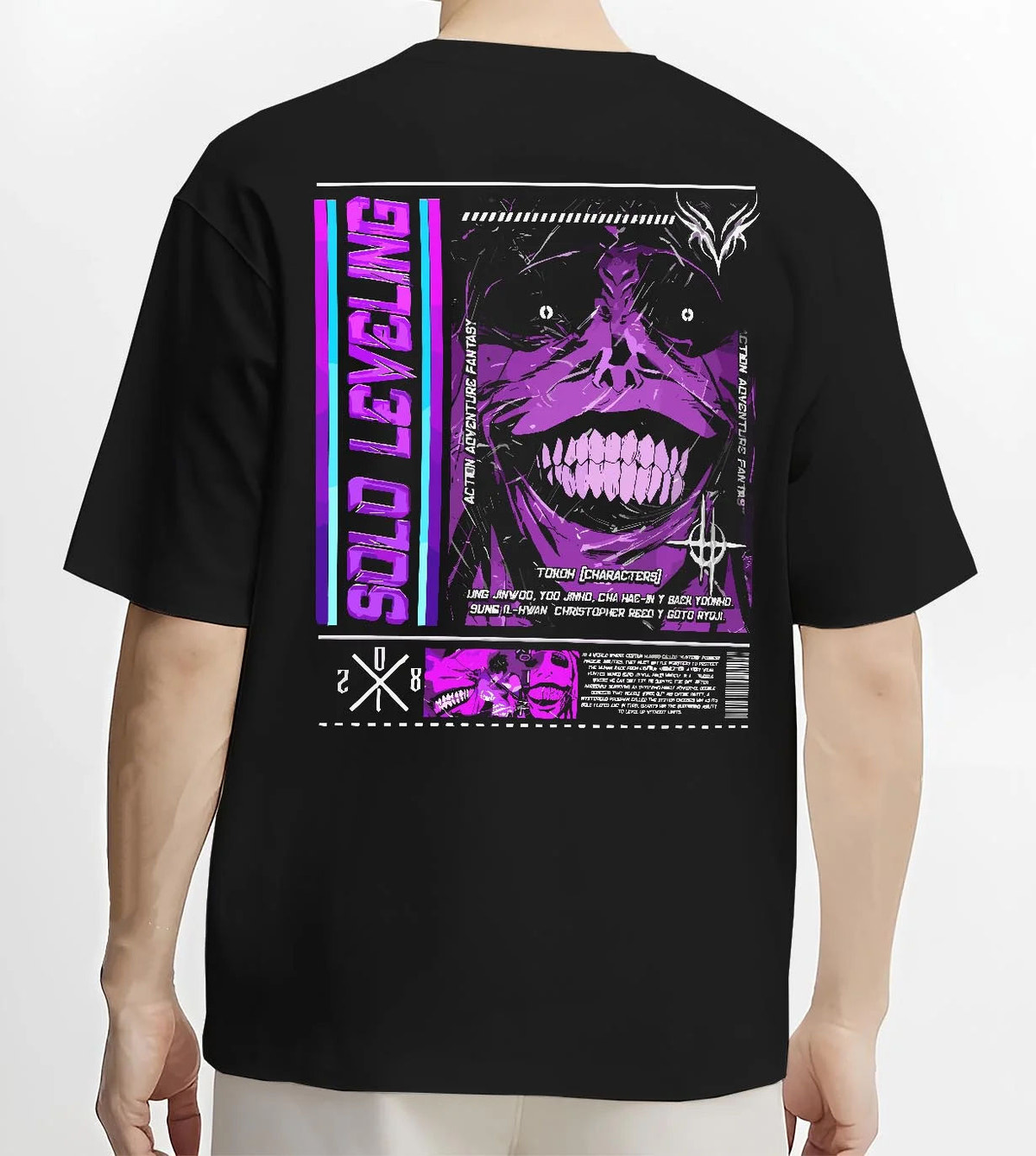 Black T-shirt worn by male model from the back featuring Shadow Monarch Solo Leveling power artwork.