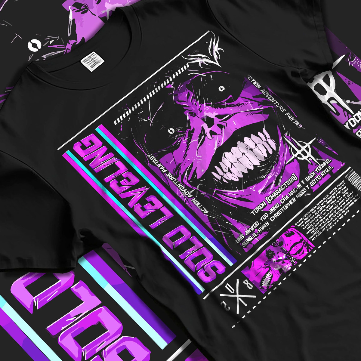 Black T-shirt laid flat with natural folds featuring Shadow Monarch Solo Leveling power artwork.
