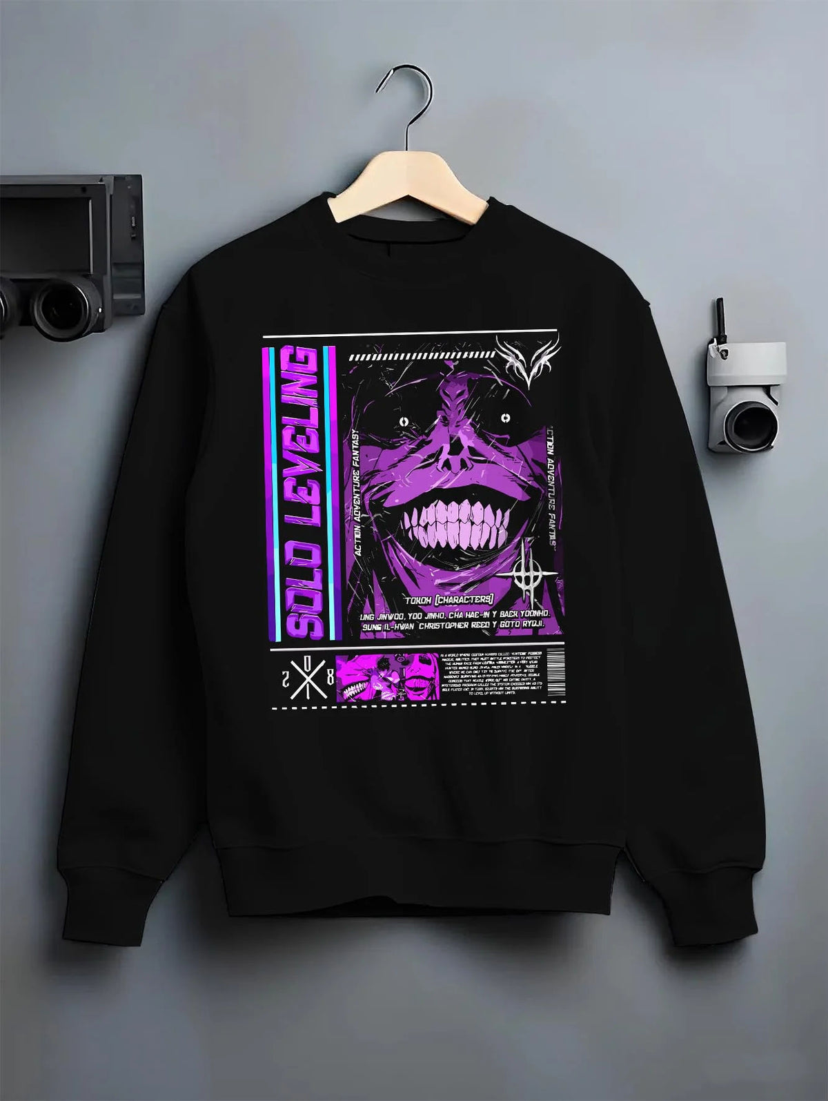 Black crewneck sweatshirt on hanger featuring Shadow Monarch Solo Leveling power artwork.