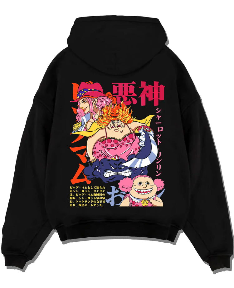 Black pullover hoodie laid flat with Big Mom Hoodie One Piece Yonko Pirate Queen Print graphic bold anime graphic.