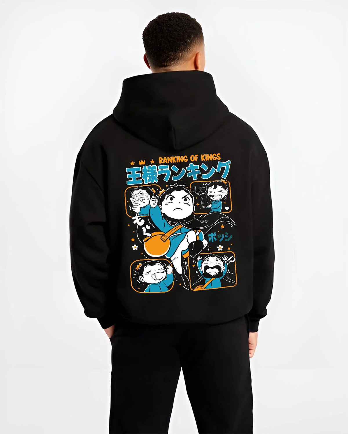 Black hoodie worn by male model from the back featuring Bojji Kage Ranking of Kings character artwork.