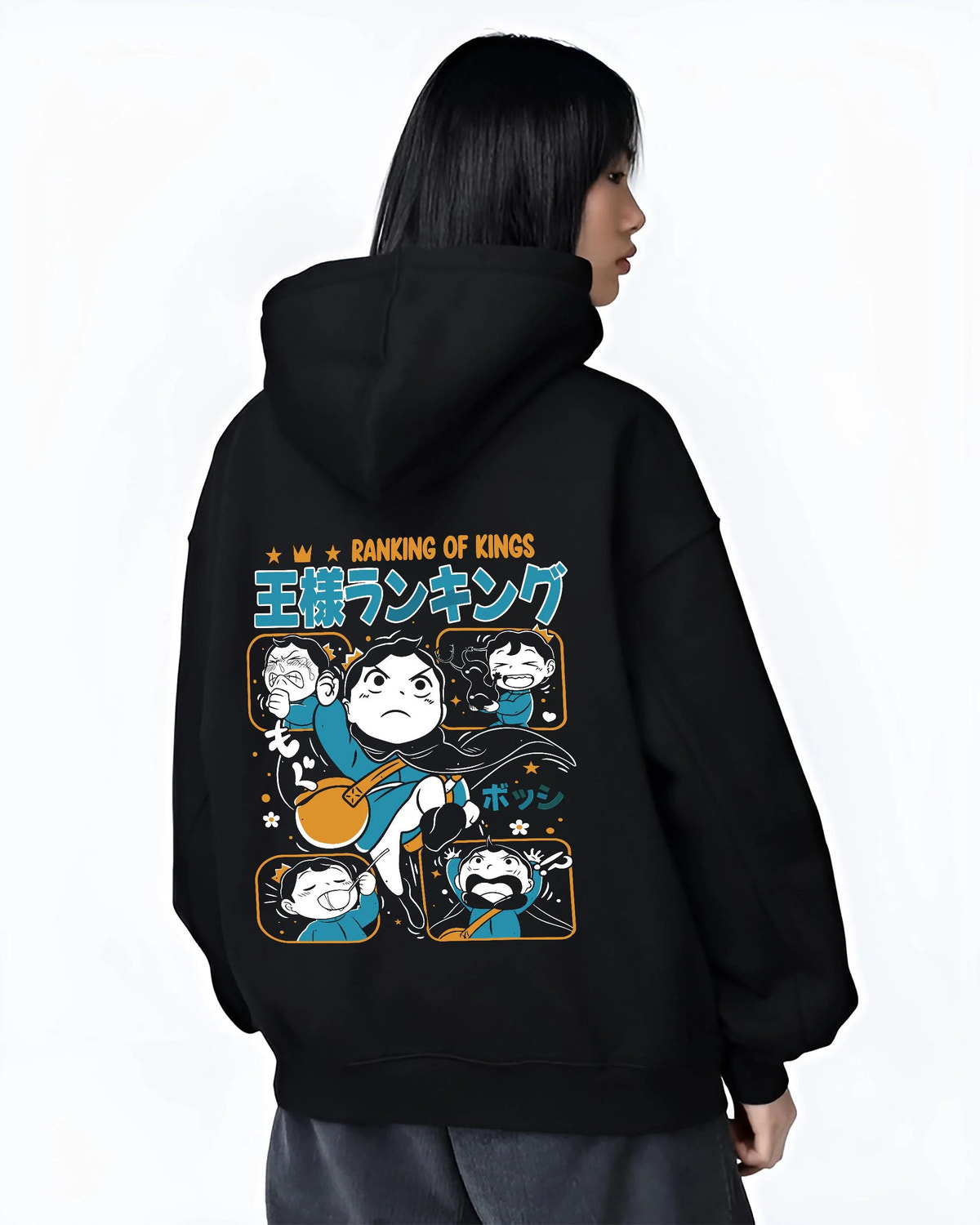 Black hoodie worn by female model from the back featuring Bojji Kage Ranking of Kings character artwork.