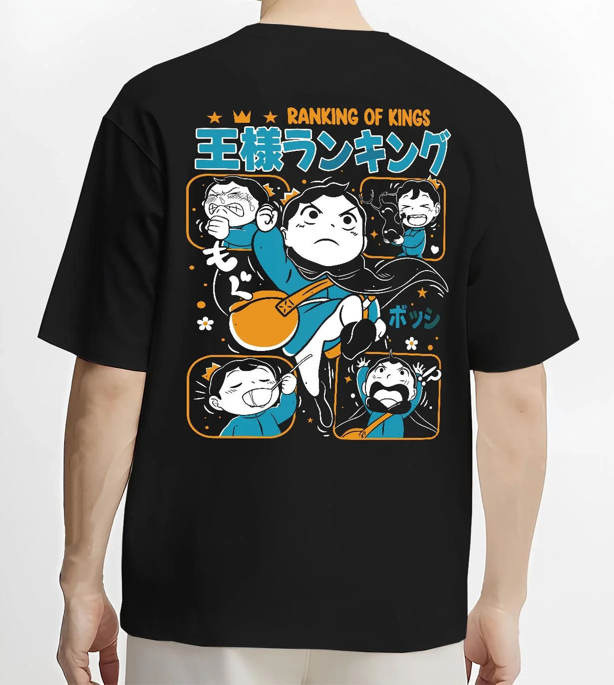 Black T-shirt worn by male model from the back featuring Bojji Kage Ranking of Kings character artwork.