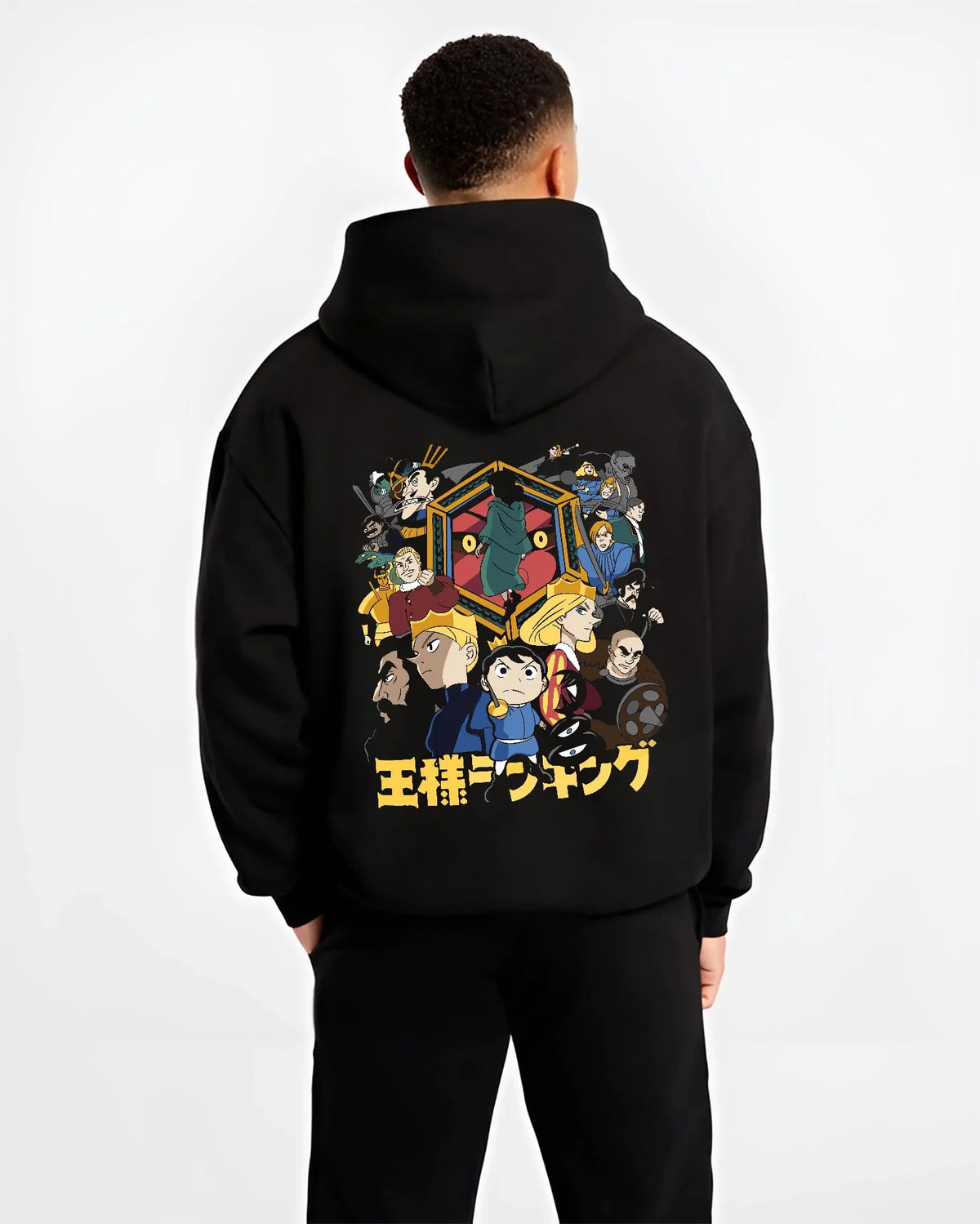 Black hoodie worn by male model from the back featuring Bojji Prince Ranking of Kings artwork.