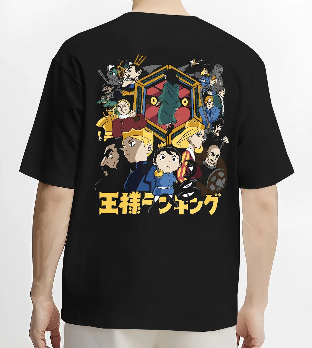 Black T-shirt worn by male model from the back featuring Bojji Prince Ranking of Kings artwork.