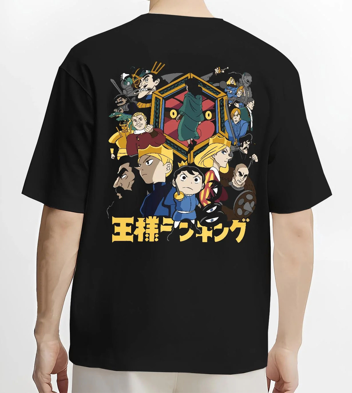 Black T-shirt worn by male model from the back featuring Bojji Prince Ranking of Kings artwork.