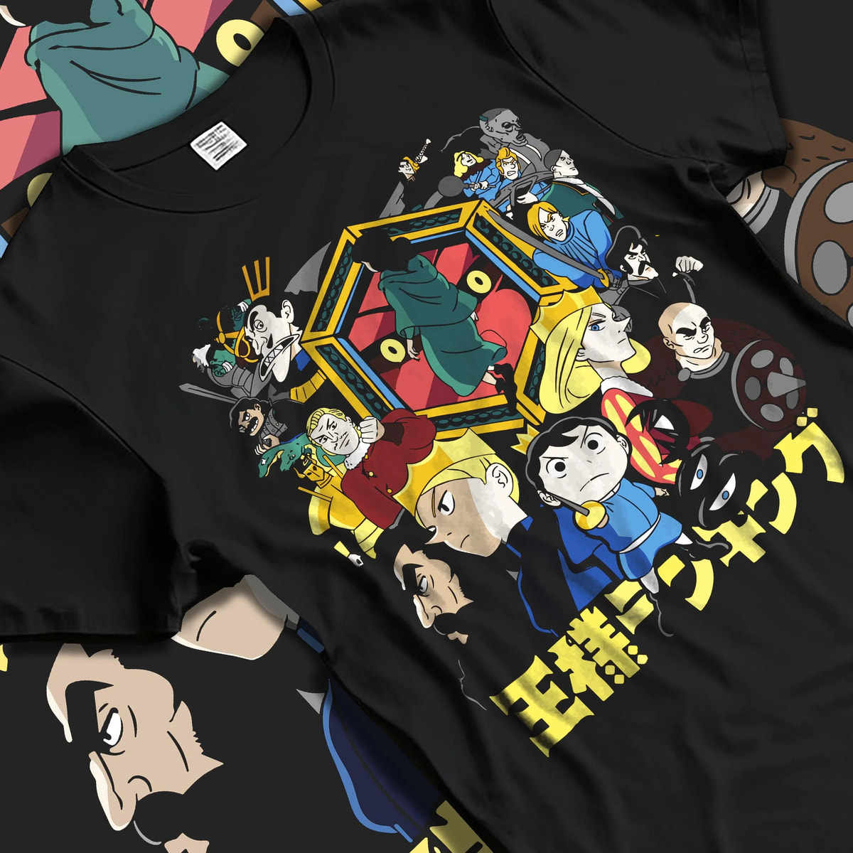 Black T-shirt laid flat with natural folds featuring Bojji Prince Ranking of Kings artwork.