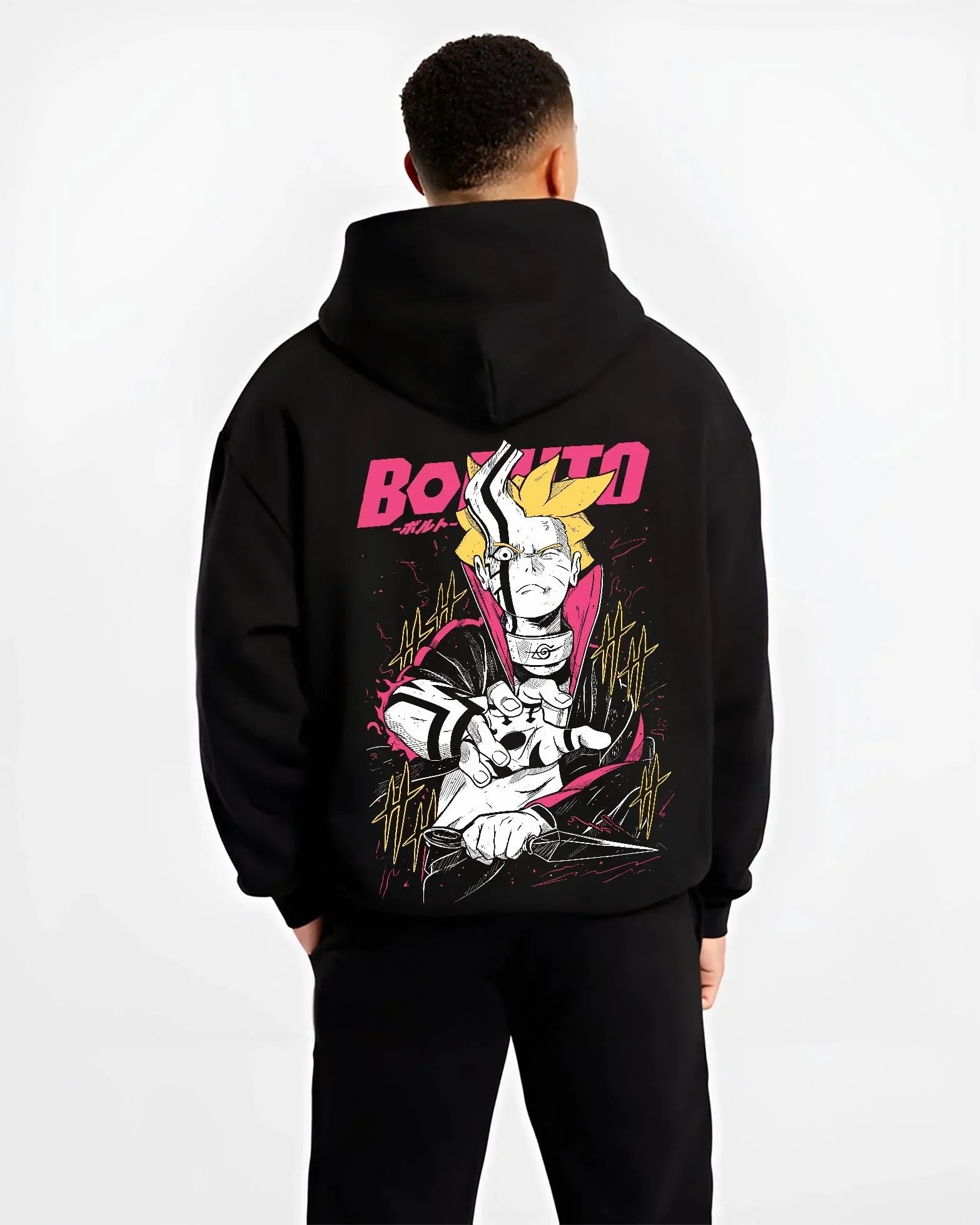 Black hoodie worn by male model, back view with Boruto Hoodie Naruto Next Generations Shinobi Panel graphic bold anime graphic.