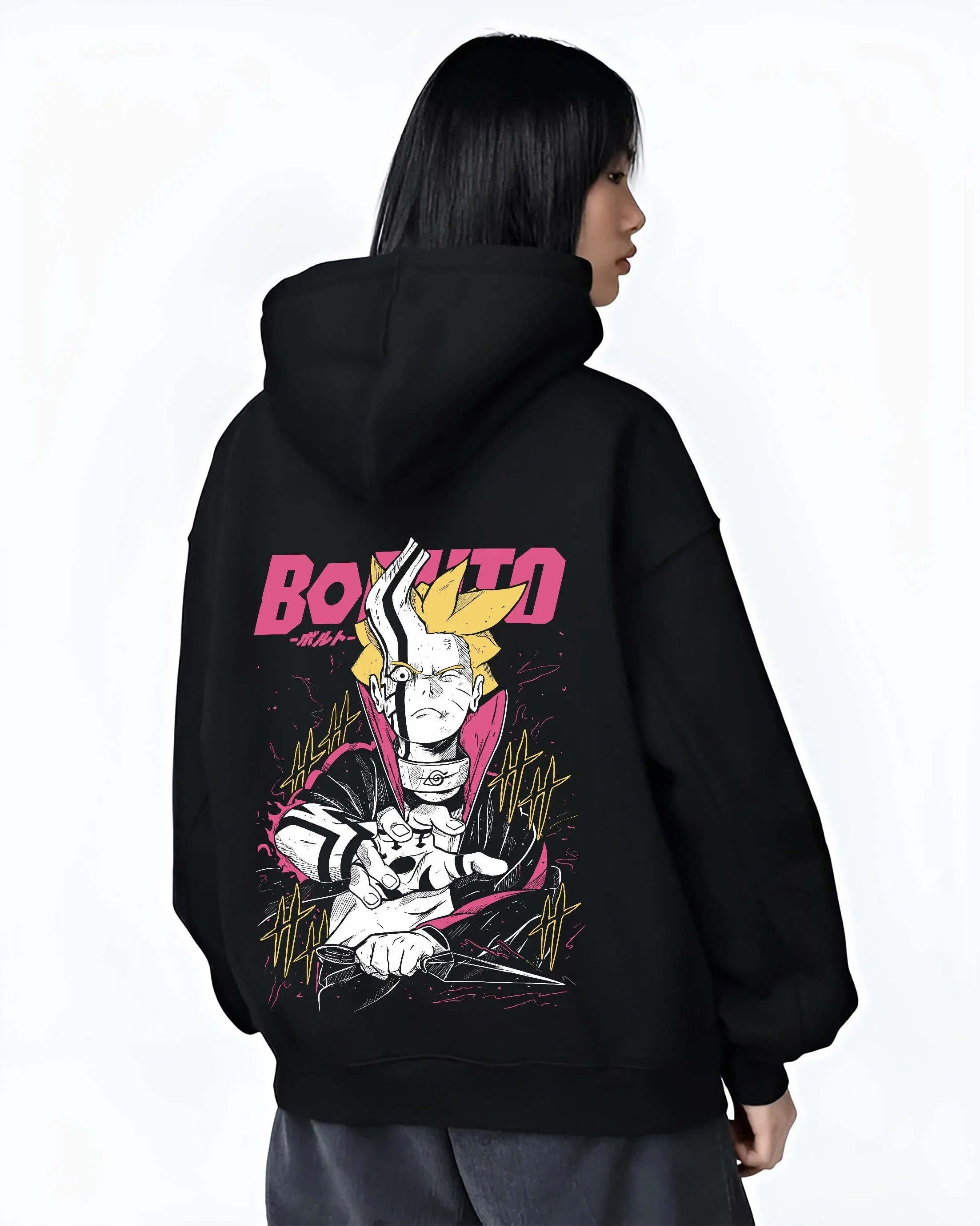 Black hoodie worn by female model, back view with Boruto Hoodie Naruto Next Generations Shinobi Panel graphic streetwear graphic.