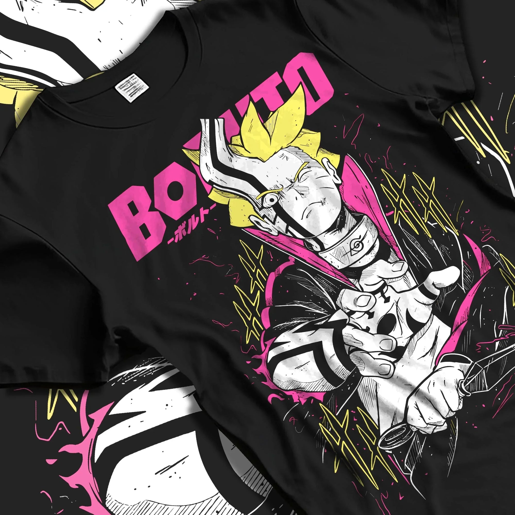Black T-shirt laid flat with natural folds with Boruto Hoodie Naruto Next Generations Shinobi Panel graphic premium wear.