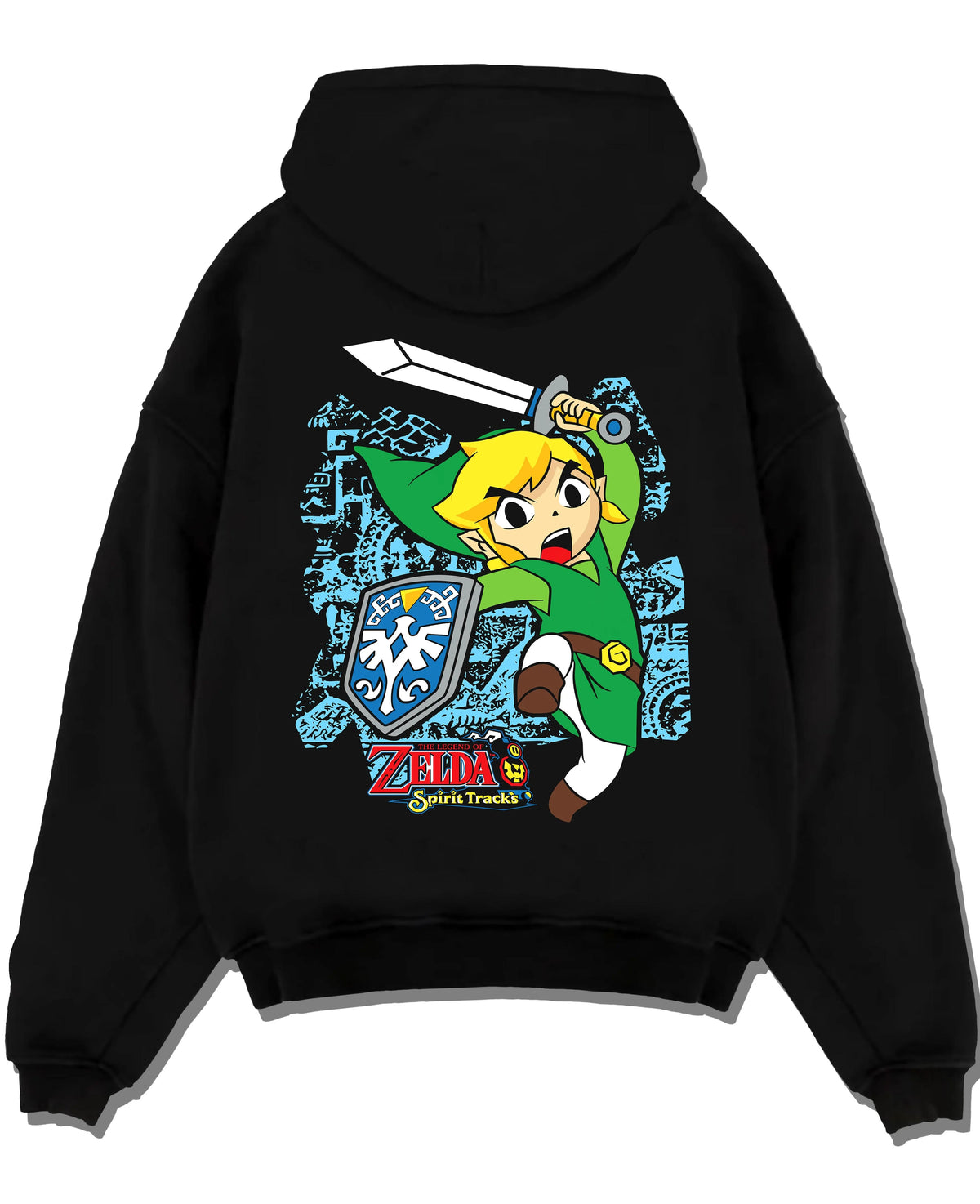 Black hoodie laid flat featuring Link Breath of the Wild blue tunic artwork with bold anime graphic print.