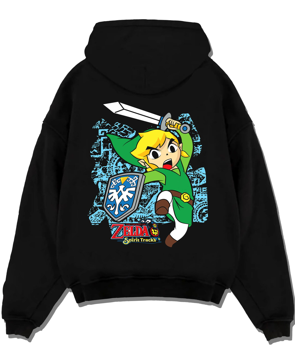 Black hoodie laid flat featuring Link Breath of the Wild blue tunic artwork with bold anime graphic print.