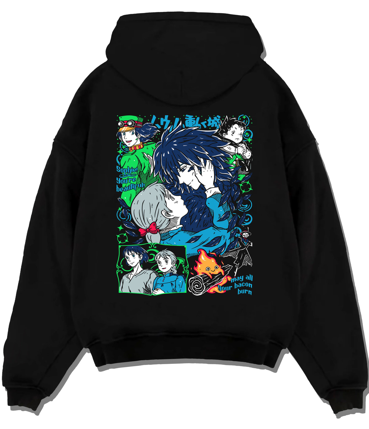 Black hoodie flat back view showing The Boy and the Heron: characters and heron