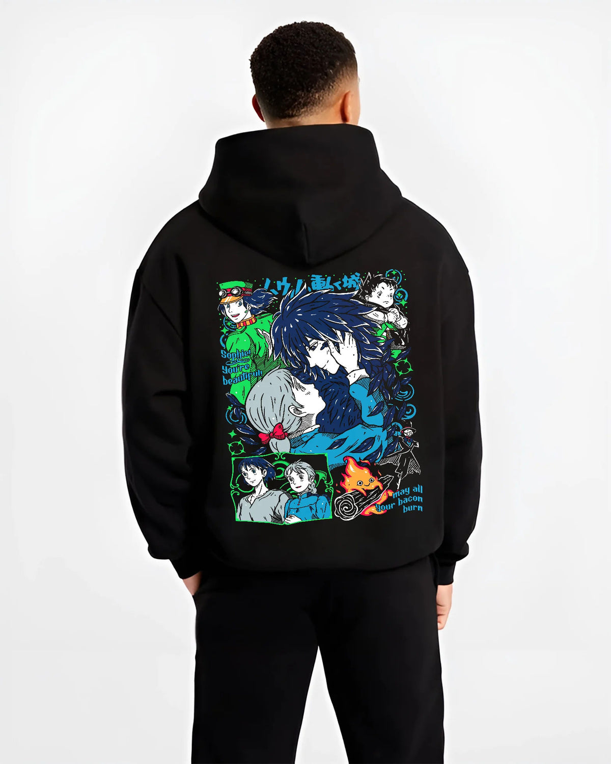 Black hoodie model back view showing The Boy and the Heron: characters and heron
