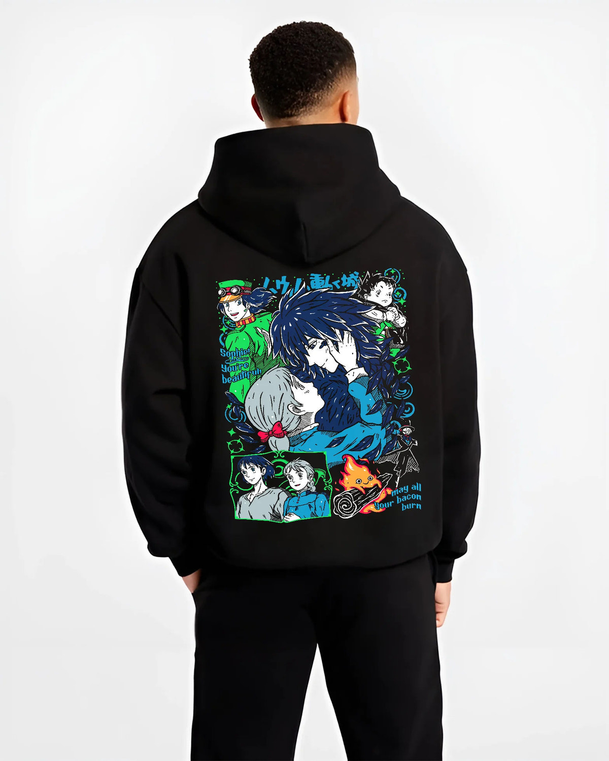 Black hoodie model back view showing The Boy and the Heron: characters and heron