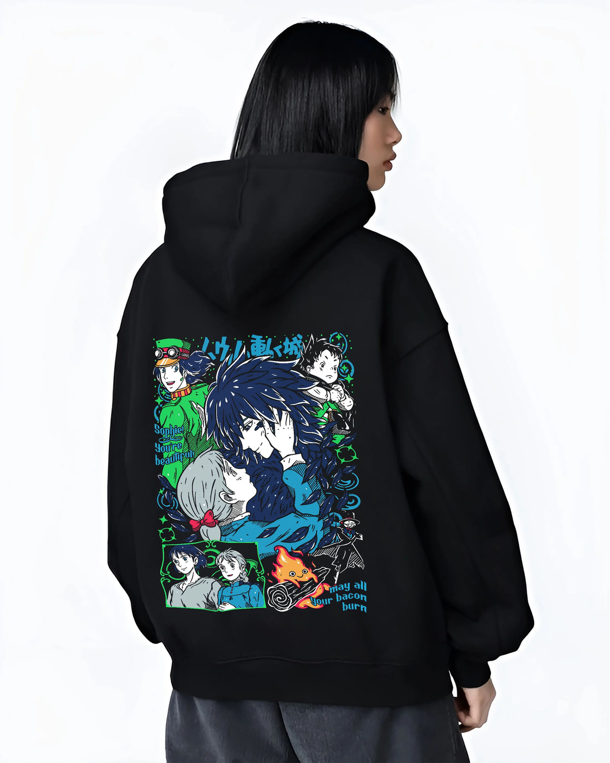 Black hoodie female model back view showing The Boy and the Heron: characters and heron
