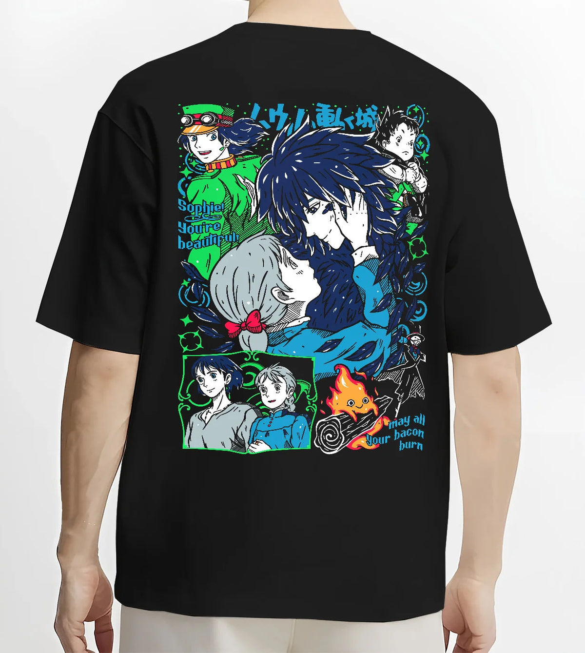 Black T-shirt model back view showing The Boy and the Heron: characters and heron