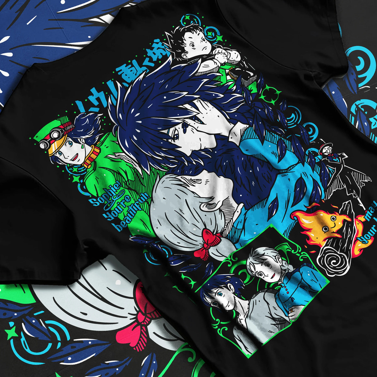 Black T-shirt flat back view showing The Boy and the Heron: characters and heron