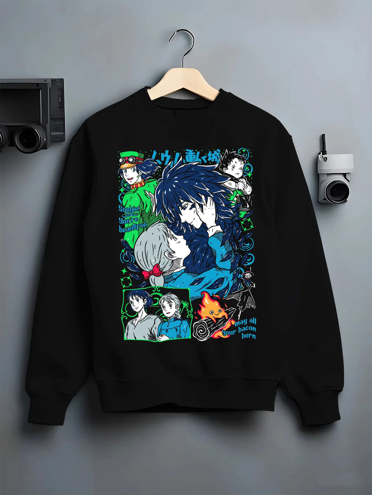 Black crewneck sweatshirt on hanger showing The Boy and the Heron: characters and heron