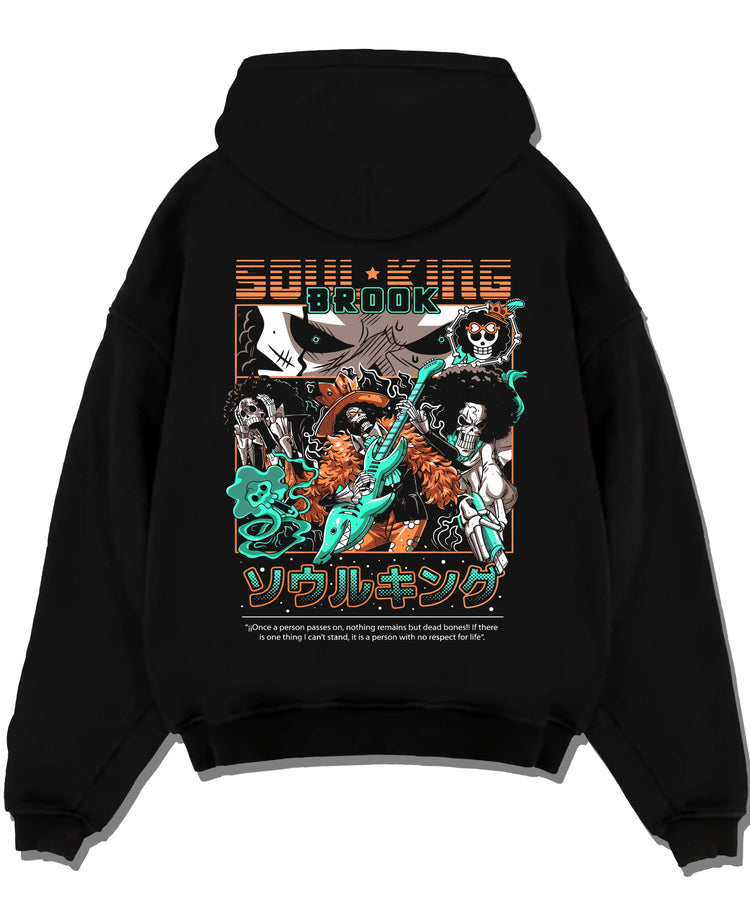 Black pullover hoodie laid flat with Brook Soul King Hoodie One Piece Flame Music Scene graphic Brook anime design.