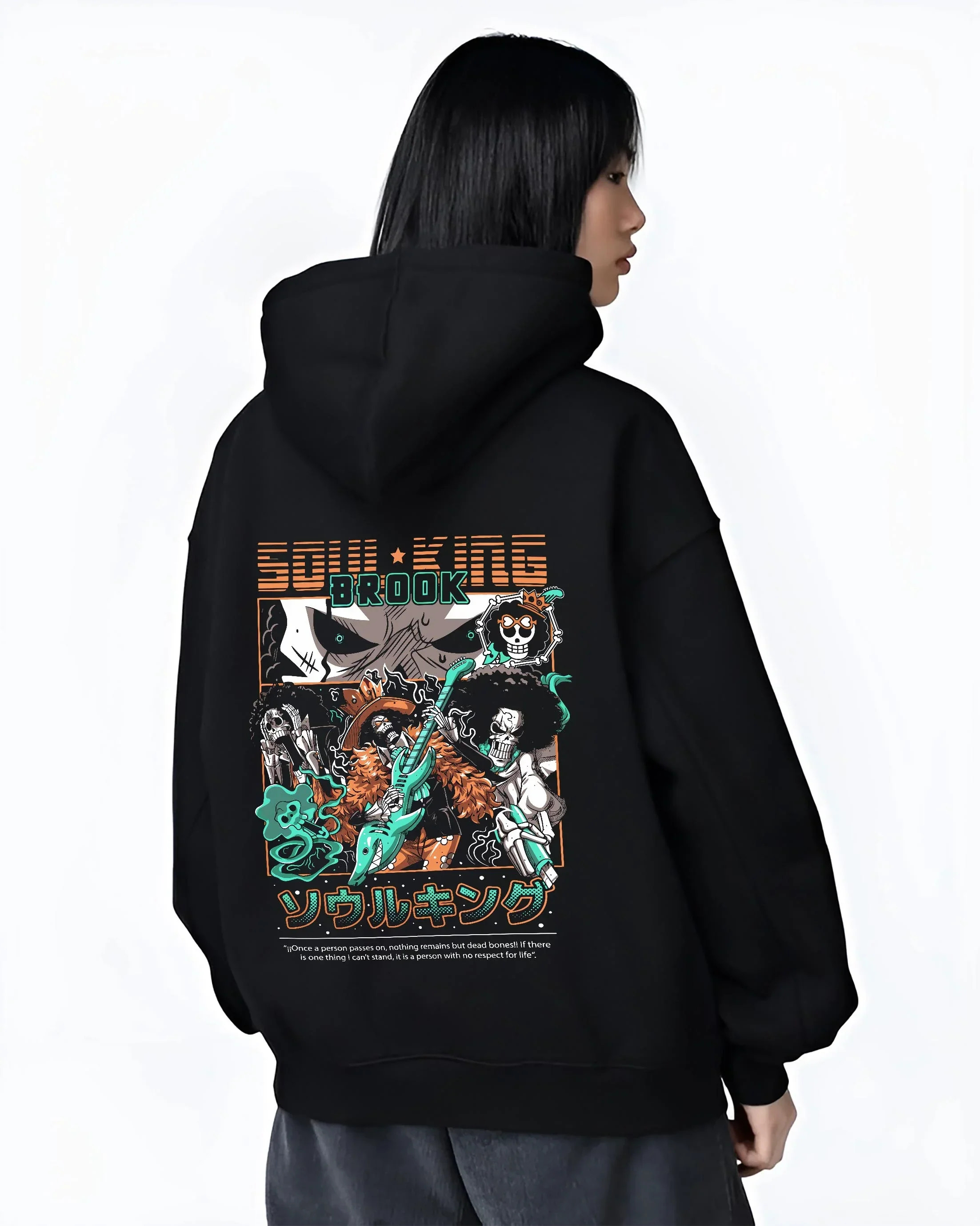 Black hoodie worn by female model, back view with Brook Soul King Hoodie One Piece Flame Music Scene graphic premium wear.