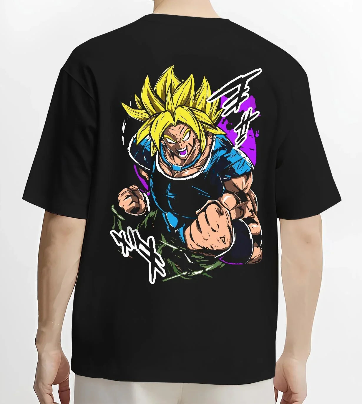 Black T-shirt worn by male model, back view with Broly Legendary Hoodie Dragon Ball Z Super Saiyan Rage graphic Broly anime design.