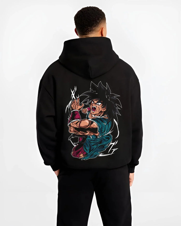 Black hoodie worn by male model, back view with Broly Power Hoodie Dragon Ball Z Furious Battle Scene graphic Broly anime design.