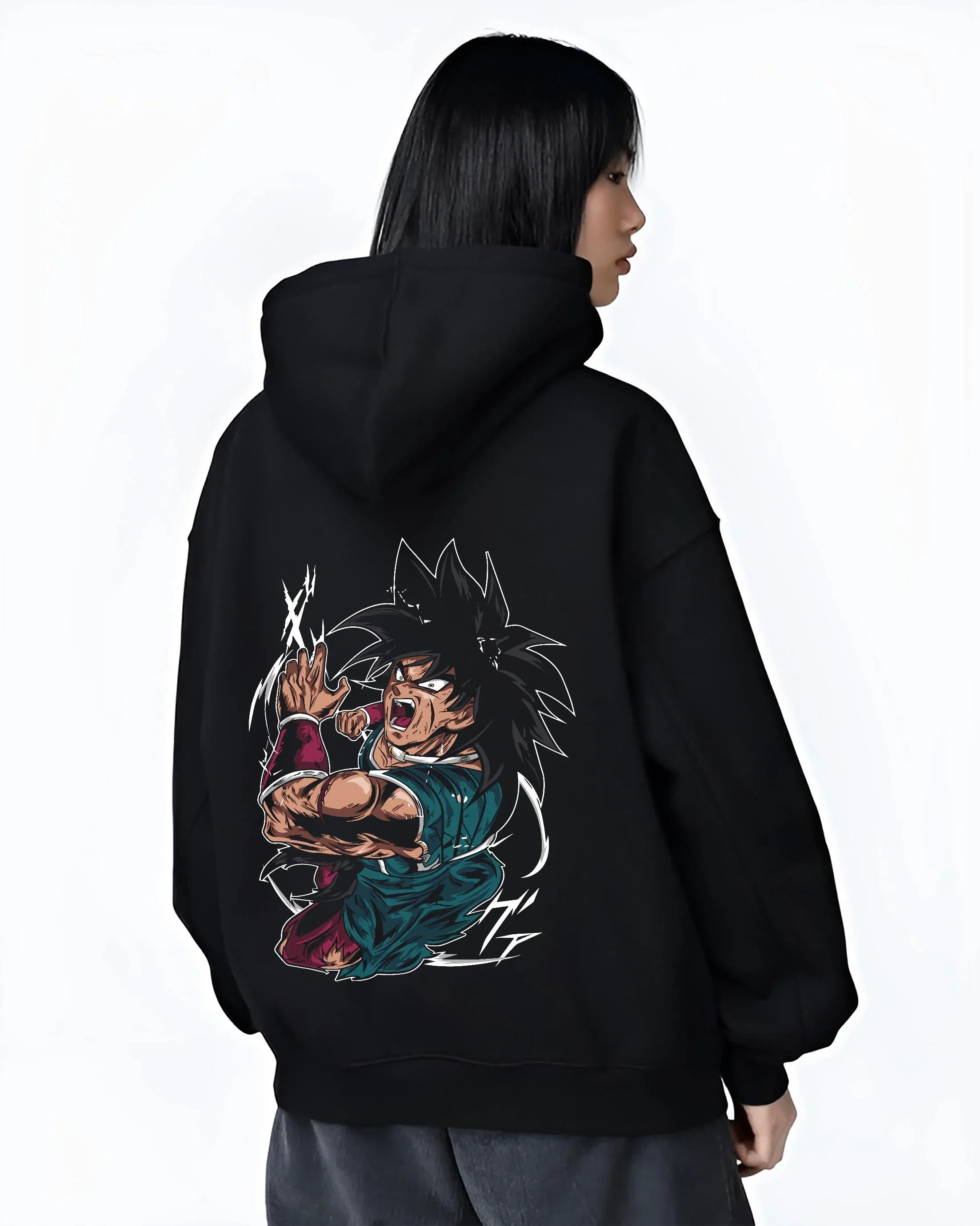 Black hoodie worn by female model, back view with Broly Power Hoodie Dragon Ball Z Furious Battle Scene graphic premium wear.