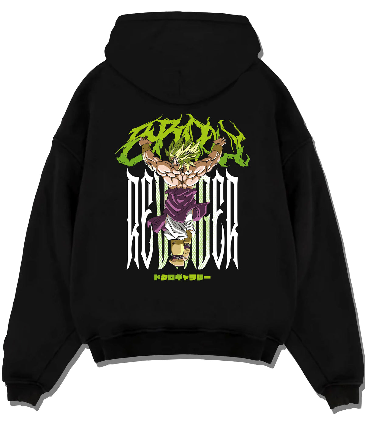 Black hoodie flat back view showing Broly from Dragon Ball: Super Saiyan form