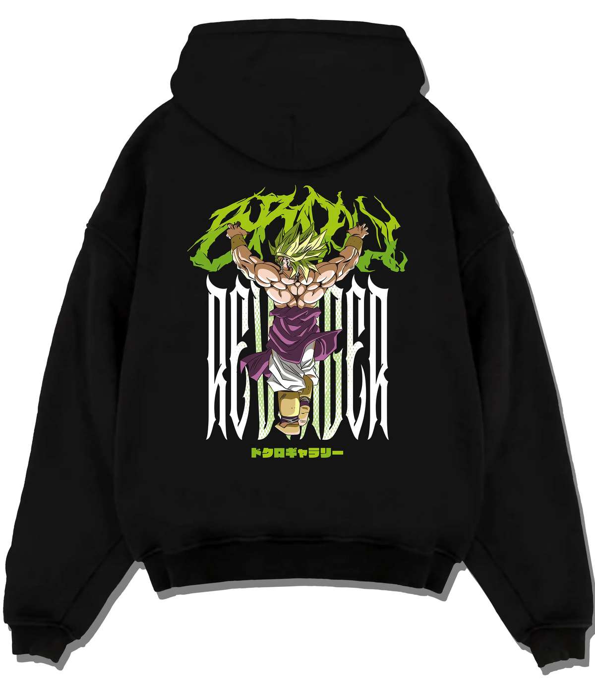 Black hoodie flat back view showing Broly from Dragon Ball: Super Saiyan form