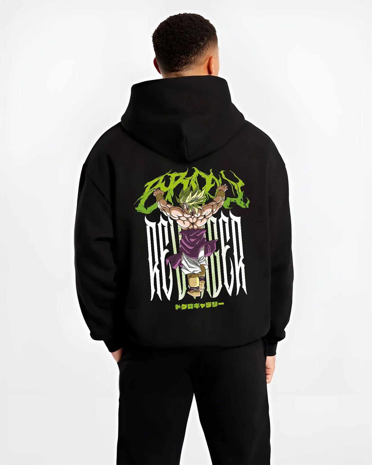 Black hoodie model back view showing Broly from Dragon Ball: Super Saiyan form