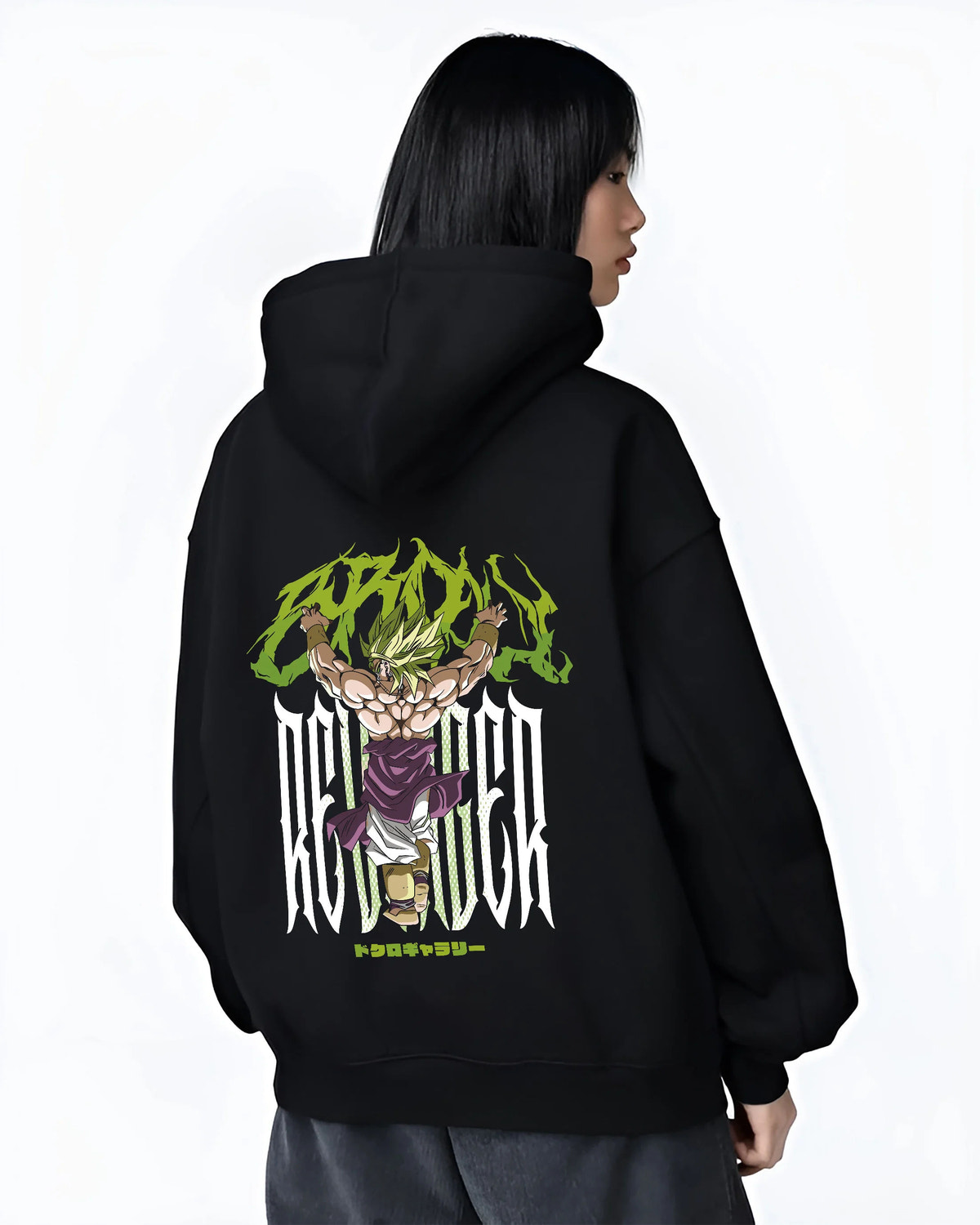 Black hoodie female model back view showing Broly from Dragon Ball: Super Saiyan form