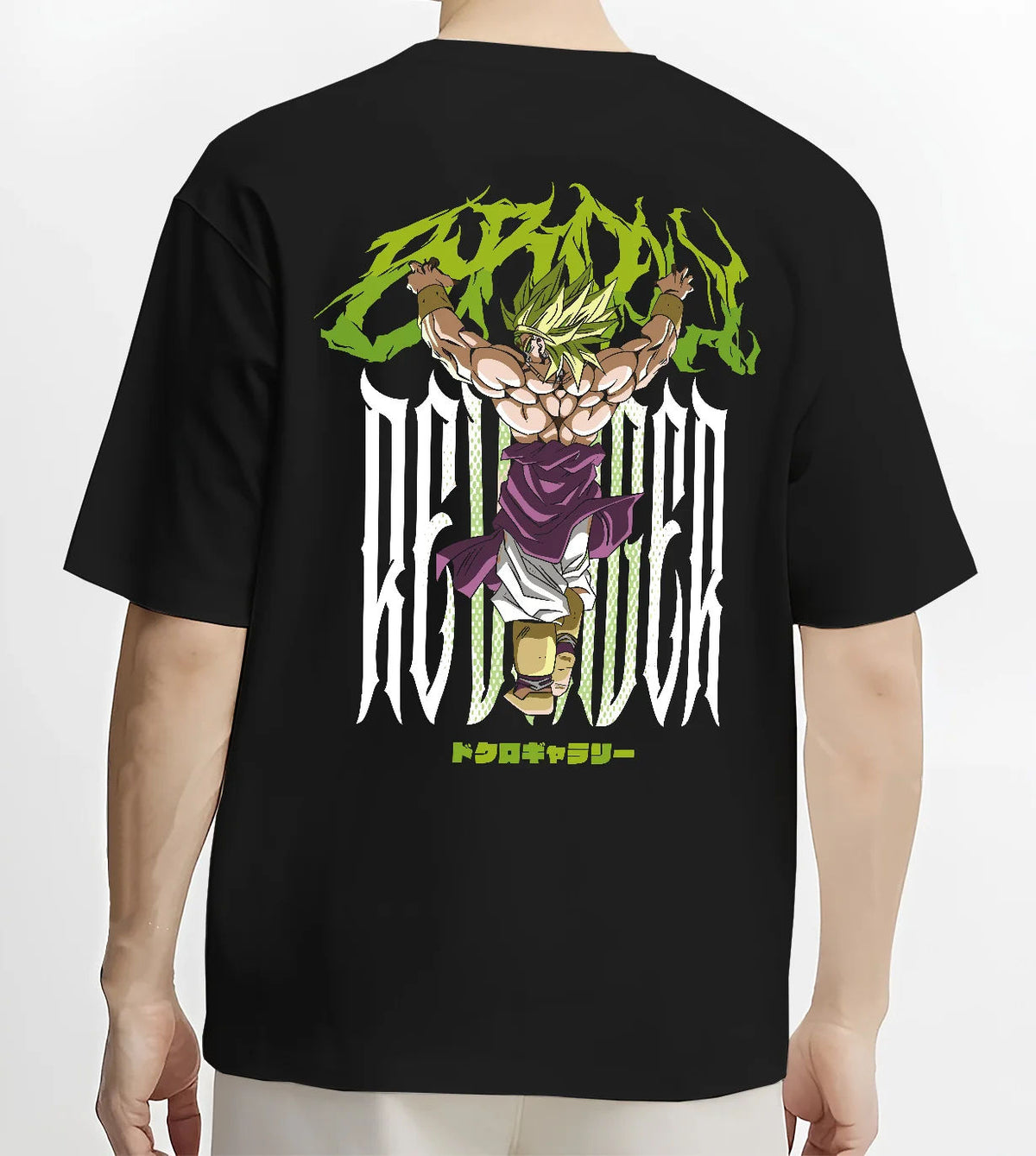 Black T-shirt model back view showing Broly from Dragon Ball: Super Saiyan form