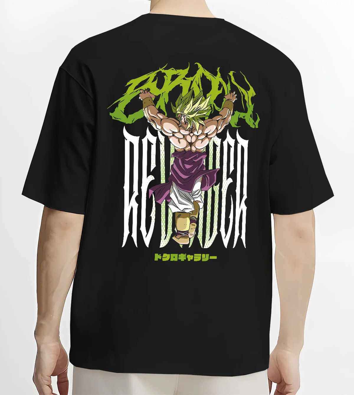 Black T-shirt model back view showing Broly from Dragon Ball: Super Saiyan form