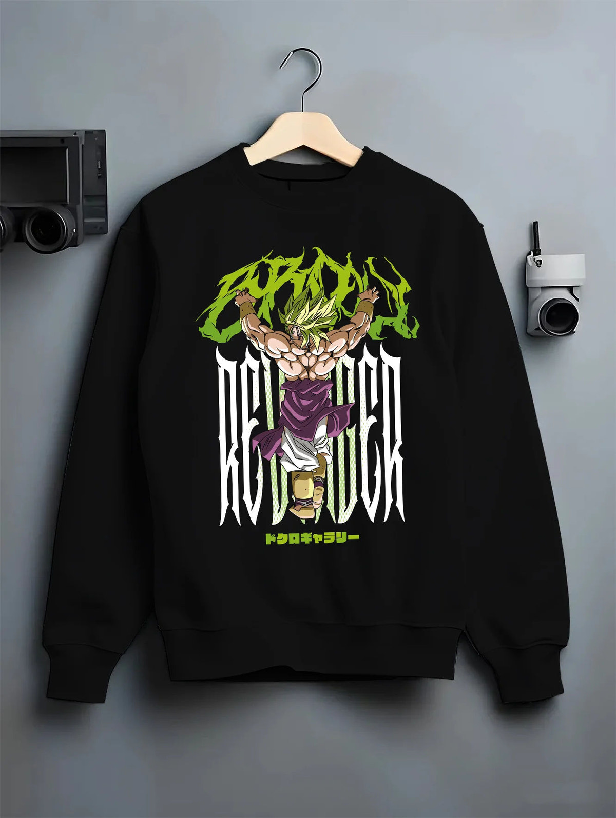 Black crewneck sweatshirt on hanger showing Broly from Dragon Ball: Super Saiyan form