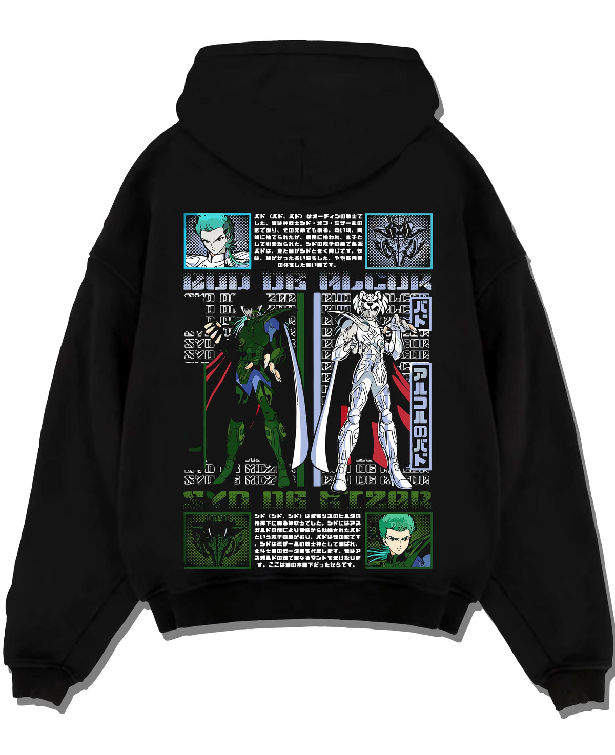 Black hoodie laid flat featuring Roronoa Zoro One Piece Wano swordsman artwork with bold anime graphic print.