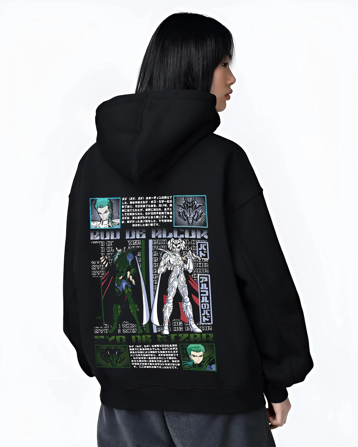Black hoodie worn by female model from the back featuring Roronoa Zoro One Piece Wano swordsman artwork.