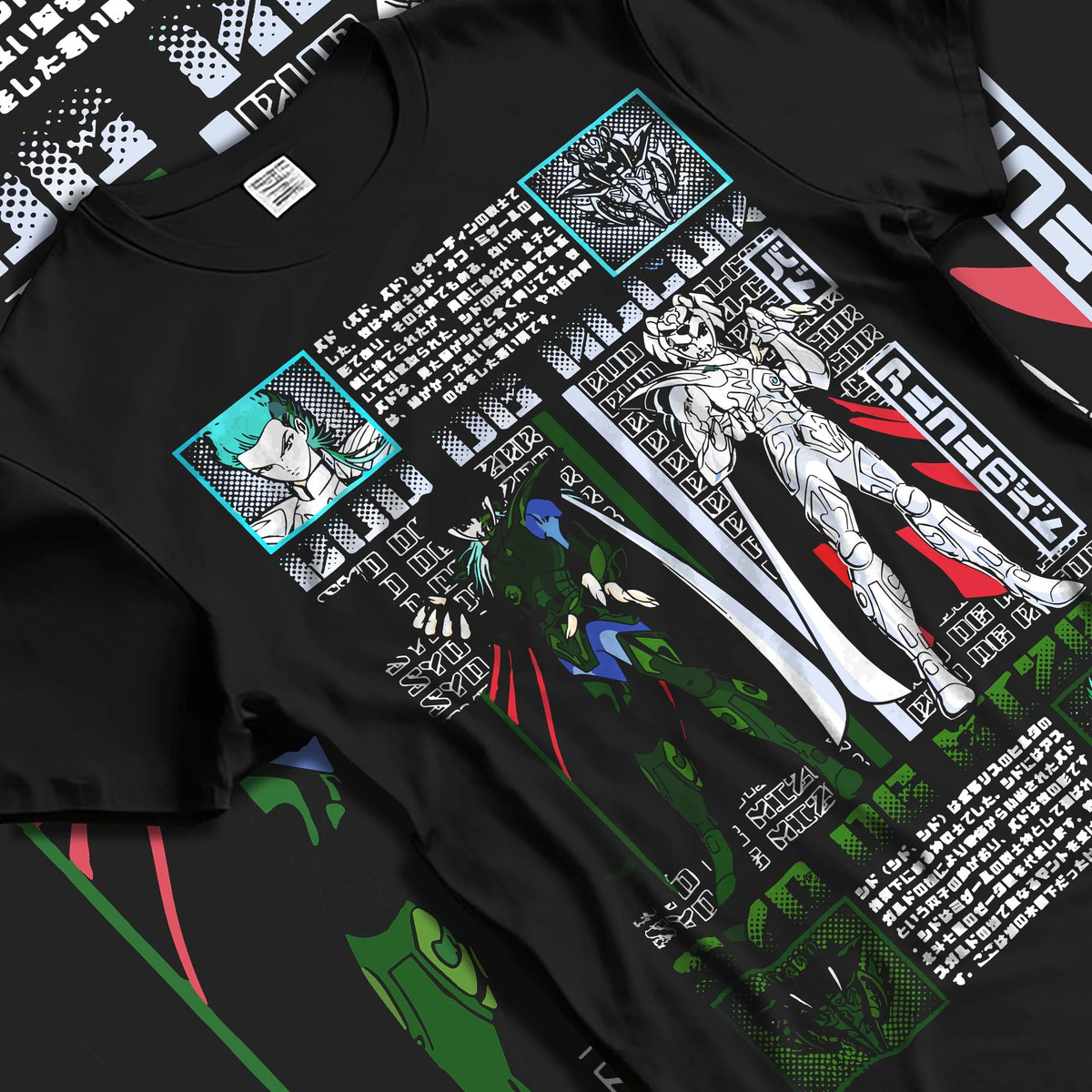 Black T-shirt laid flat with natural folds featuring Roronoa Zoro One Piece Wano swordsman artwork.